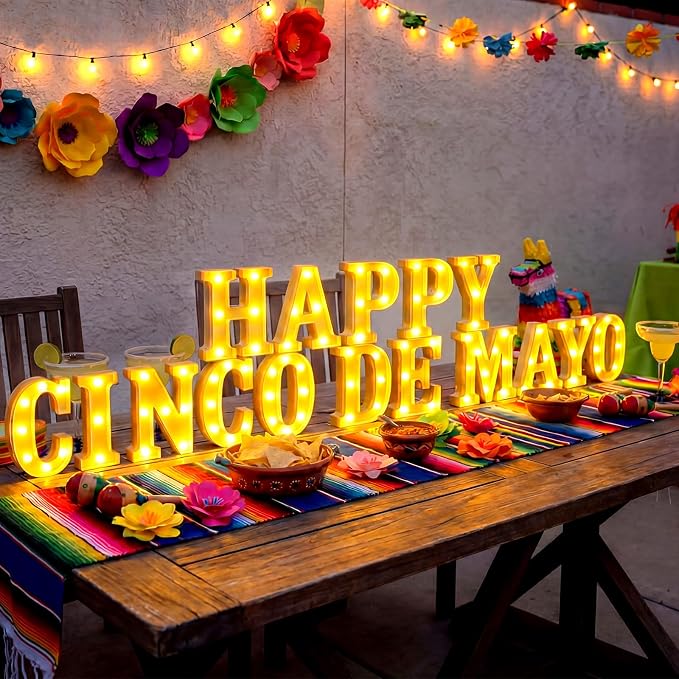 Honoson 16 Pcs Happy Cinco De Mayo Light Decorations Mexican Fiesta Party Decorations Table Decor Festival LED Lights up Sign for Mexican Fiesta Party Festival Streamers Home Decor