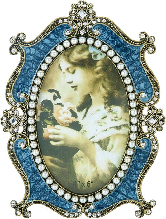 Oval Vintage Picture Frame 4x6 Antique Decor Christmas Ornament Ornate Blue Metal Photo Frame with Glass Front Art Table Top Retro Home Decor Gifts for Birthday Valentines