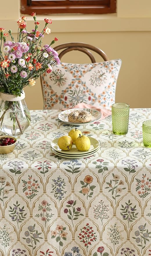 ISAENNE Designer Vintage Linen Rectangular Tablecloth,110"x63"-Serenity B | Elegant French Table Cloth Rectangle Table,Colorful Floral Pattern,Decoration,Dining Room,Tea Party,Kitchen,Thanksgiving