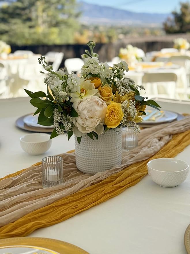 15 Pack Cheesecloth Table Runner 10Ft Romantic Cheese Cloth Table Runner 35 x120 Inch Rustic Gauze Boho Table Runners for Wedding Birthday Party Baby Bridal Shower Gender Reveal Table Decor(Mustard)