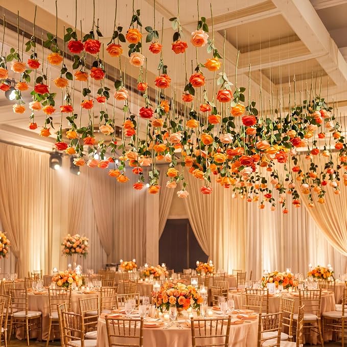 Lyrow 60 Pack Burnt Orange Rose Artificial Flower Hanging Flowers Ornament Floating Garland Ceiling Rose Vine for Wedding Anniversary Engagement Marriage Proposal Floral Birthday Party Fall Decor