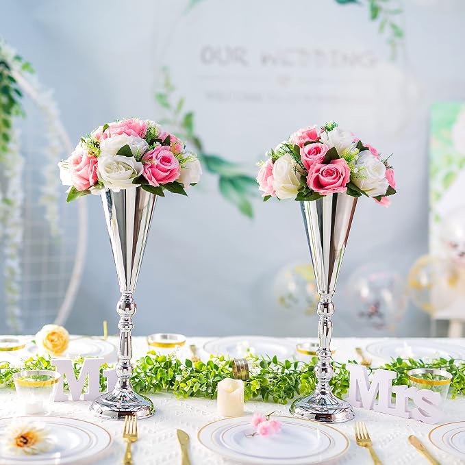 Sliver Vase Centerpiece Table Decorations,2 Pack Metal Tabletop Flower Stand, Wedding Decorations for Reception, 16.5in Trumpet Tall Flower Vase for Birthday, Weddings, Event, Party