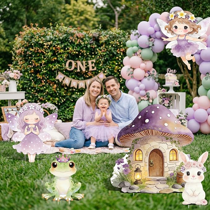 5PCS Purple Fairy First Birthday Decorations, Magical Woodland Cardboard Cutouts Corrugated Plastic Yard Signs Enchanted Garden Themed Party Supplies Princess Baby Shower Photo Props