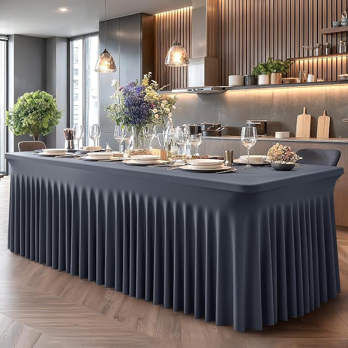 1 Pack Grey Table Clothes for 8 Foot Rectangle Tables, One-Piece Wrinkle Resistant Stretch Spandex Table Covers with Skirt for Event Banquet Wedding Birthday Party