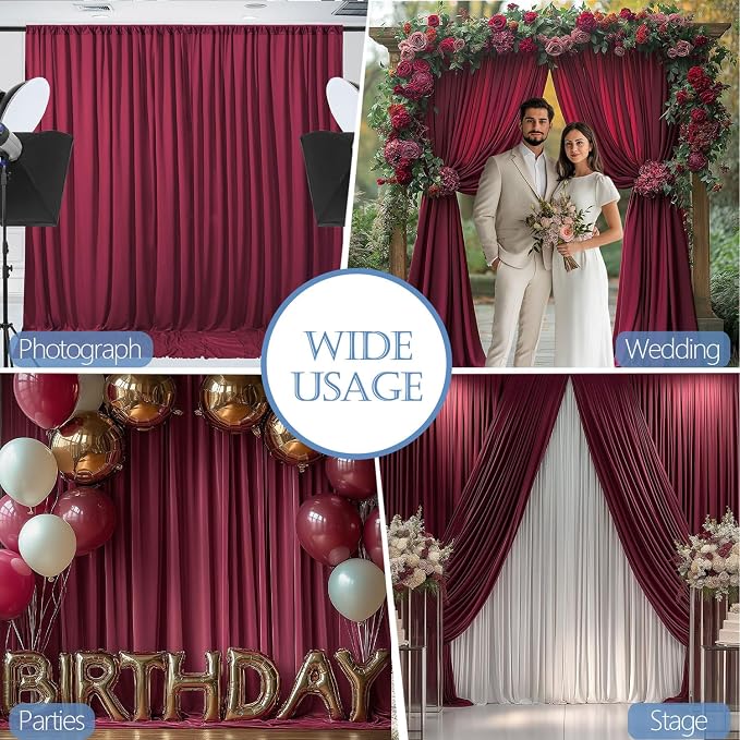 ESGOTBME 30x10ft Wrinkle Free ‌Burgundy Backdrop Curtain for Parties Soft Fabric Drapes Wedding ‌Curtain Backdrop for Birthday Party Decorations Background for Photography 5x10ft, 6 Panels