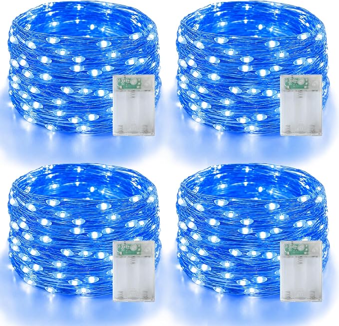 YEGUO Fairy Lights Battery Operated, 4 Packs Each 16ft 50 LED String Lights, Christmas MIni Lights Indoor for Bedroom Wedding Party Holiday Gift(Blue)