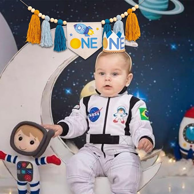 Gostman Outer Space ONE Decoration Set | First Trip Around The Sun Birthday Party Decorations,Space Themed First Birthday Highchair Banner and Sun One Crown