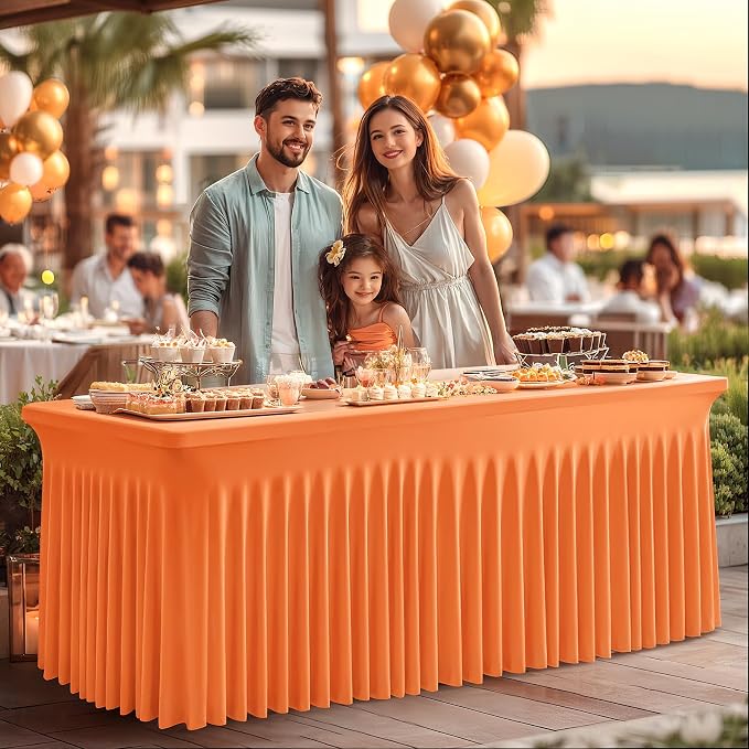 Shillance 6 Packs Orange Spandex Tableclothes for 8 Foot Rectangle Table, Spandex Table Covers 8FT Stretch Table Skirts Rectangle Wrinkle Free Fitted Tablecover for Event, Wedding, Banquet & Parties