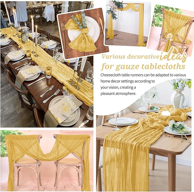 10 Pack Cheesecloth Table Runner Gold, Rustic Boho Gauze Fabric Table Runner Romantic Table Runner for Wedding, Festival, Birthday, Anniversary, Dinner and Outdoor Events (17.7 x 108 inch)