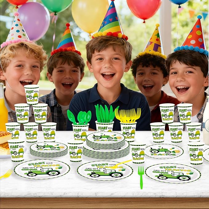168Pcs Tractor Birthday Party Supplies Start Your Tractor and Put it in Gear Plates Napkins Cups Tractors Tableware Sets Farm Theme Decorations for Baby Shower Birthday Party Decorations Serves 24