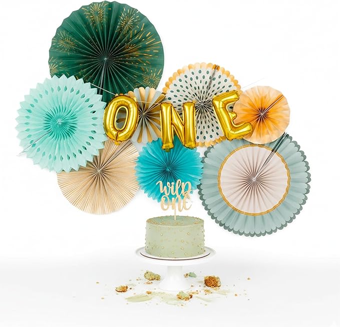 PapaKit 8-Piece Origami Paper Fan Set - Sage Green & Metallic Gold | Reusable Hanging Pinwheel Wall Decoration for Baby Shower, Wedding Backdrop, Eucalyptus Birthday Party & Bridal Shower