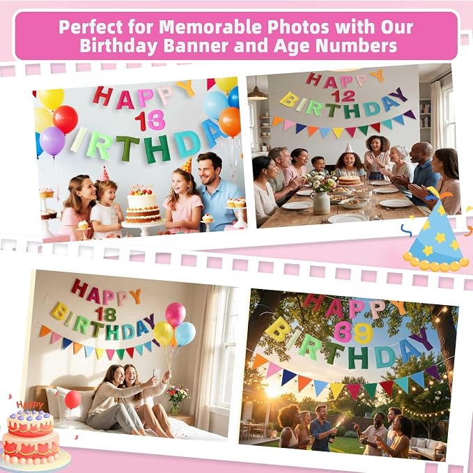 Pre-strung Felt Happy Birthday Banner Decorations for Women Men | 3D Rainbow Birthday Party Decorations Sign with Replaceable Numbers 0-9,Multicolor Felt Ball&Triangle Flags Garland (Rainbow)