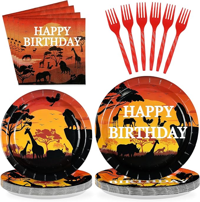 96Pcs African Safari Birthday Party Decorations Savanna Sunset View Plates and Napkins African Forest Jungle animals Scenic Tableware Set for Safari Theme Birthday Party Favors，Serves 24