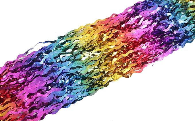 4 Pack Wavy Rainbow Foil Fringe Curtain | 3.3x6.6ft Colorful Tinsel Metallic Streamers Holiday Photo Booth Props Backdrop for Engagement Bridal Shower Unicorn Party Decorations