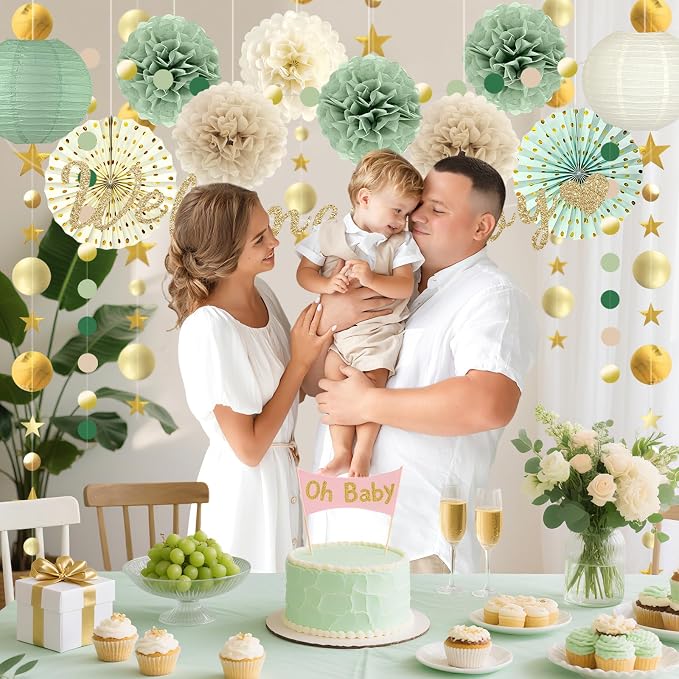 Sage Green Baby Shower Decorations - Welcome Baby Banner, Paper Lanterns, Tissue Pom Poms, honeycombs, Paper fan Tassel, Circle Dots Star, Gender Reveal Birthday Party Decorations