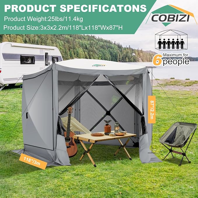 COBIZI 10x10 FT Pop up Gazebo, Popup Canopy tent, Screened In Gazebos with sidewalls, Waterproof Portable Outdoor Small Screen tents Sun Shelter,carpas para patio for Camping, Garden and Backyard,Gray