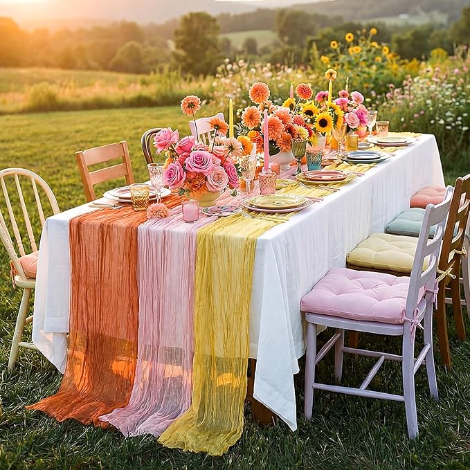 6 Pcs Pink Orange Yellow Cheesecloth Table Runner Summer Boho Gauze Cheese Cloth Runner 118" Rustic Table Decor for Hippie Retro Boho Wedding Baby Shower Birthday Party Home Arbor Decorations