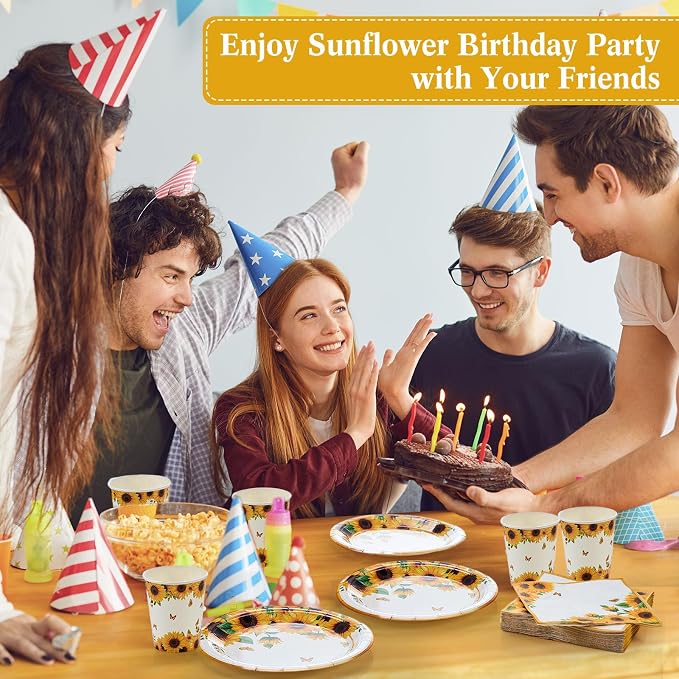 Funnymoom 400 Pcs Sunflower Party Supplies for 50 Guests Disposable Plates Napkins Cups Spoons Forks Knives for Birthday Wedding Bridal Shower Baby Shower Decorations(Yellow, Sunflower)