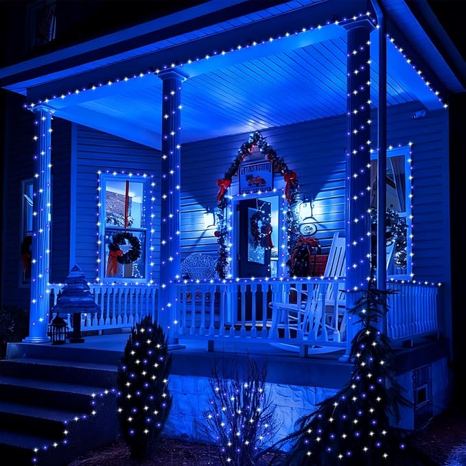 YEGUO 4 Pack Blue and White Solar Fairy Lights, Each 33ft 100 LED Christmas Lights Outdoor Waterproof, 8 Modes Sliver Wire Solar String Lights