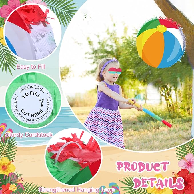 Blosssound Beach Ball Piñata Summer Pool Party Decorations Supplies Rainbow Pool Ball Piñata Set with Stick Blindfold for Hawaiian Tropical Luau Beach Theme Birthday Baby Shower Celebration Decor