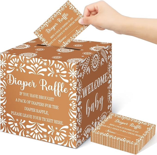 Teling 51 Pieces Diaper Raffle Tickets with Card Box Baby Shower Decorations Gender Reveal Holder Box for Girl Boy Diaper Raffle Party (Cielito Lindo)
