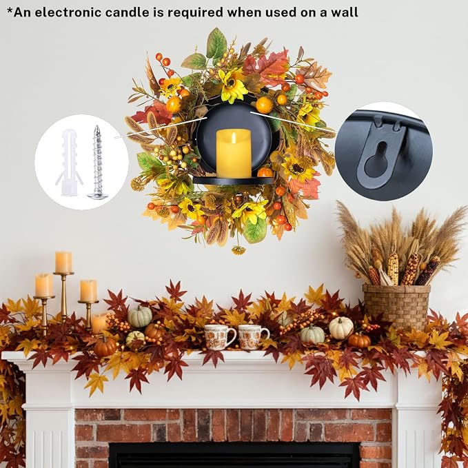 MOYEE Autumn Centerpieces for Tables Candle Ring, Black Metal Candlestick with an Artificial Wreaths 14 in Versatile Dining Table Centerpiece Decor (Yellow Sunflower Wreath)