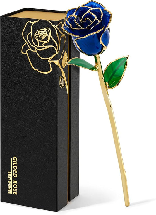 Mikasol Real 24K Gold Dipped Realistic Rose – Timeless Lifelike Bloom with Heart Puzzle Base – Romantic Blue Flower Gift for Her, Wife, Girlfriend, Mom – Birthday, Anniversary, Mother’s Day (Blue)