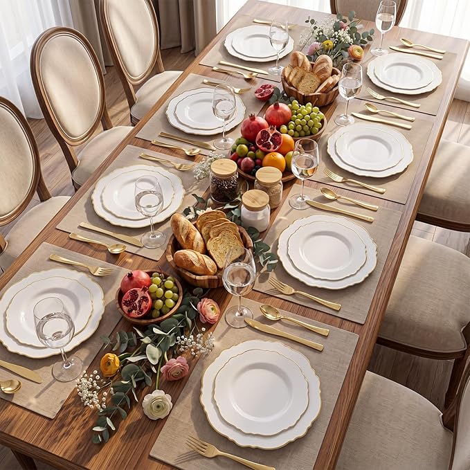 WDF 60pcs White and Gold Plastic Plates - Baroque White With Gold of 30 Heavy Duty Gold dinner plates 10.25inch, 30 Salad Plates 7.5inch Perfect for Wedding/Baby Shower/Spring/Mother's Day