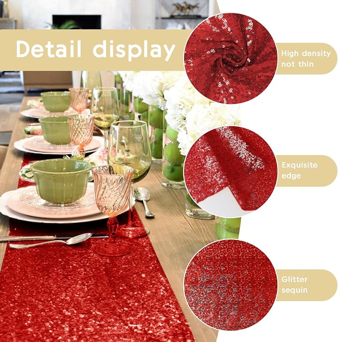 6 Packs 12 x 72 inches Sequin Table Runner, Red Glitter Table Runner for Birthday Party Supplies Wedding Engagement Baby Shower Holiday Celebration Event Decorations