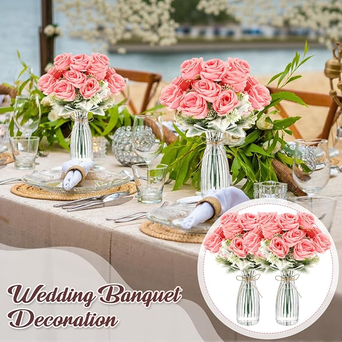Zeyune 36 Pack Artificial Flowers Centerpiece with Vase Bulk for Wedding Table 24 Bundles Silk Floral Faux Rose Bouquet with 12 Plastic Vase for Bridal Shower Table Decor(Pink)