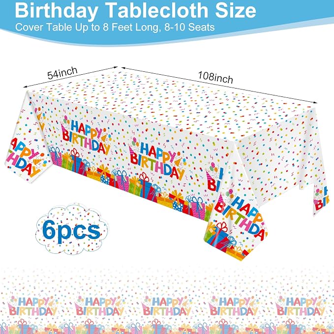 NatNarr 6 Pack Plastic Birthday Tablecloth, 54 x 108 Inch Disposable PE Happy Birthday Party Tablecloths Waterproof Rectangle Party Table Cover for Birthdays Parties Decor