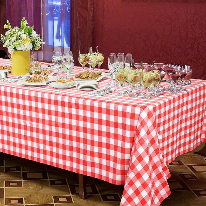 Kochorie 54 Inch x 100 Ft Red Checkered Plastic Table Cloth Roll Disposable Waterproof Table Cover Plastic Table Cover Roll with Easy Slide Cutter for Outdoor Picnic/Home Dining/Summer Party