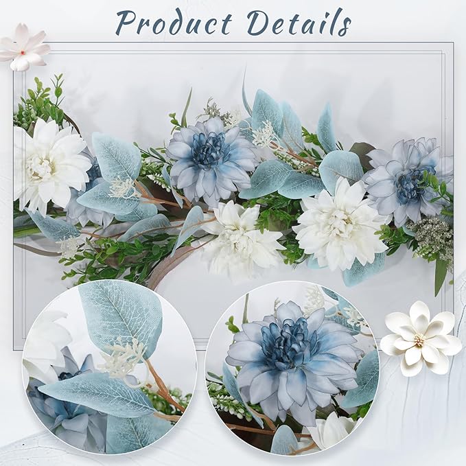 Giegxin 1 Pack 6 ft Artificial Flower Garland with Dahlias and Eucalyptus Blue White Flower Fake Wisteria Vines Summer Greenery Garland for Wedding Mantle Porch Stair Table Indoor Decor