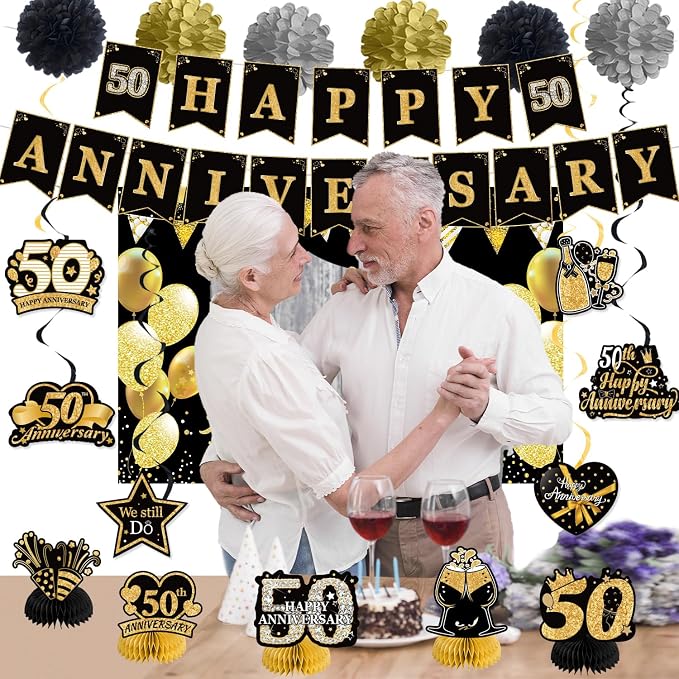 Happy 50th Wedding Anniversary Decorations Kit, Black Gold Happy 50th Anniversary Party Supplies Door Banner Decorations, Backdrop, Table Centerpieces, Hanging Swirl, Paper Pompoms