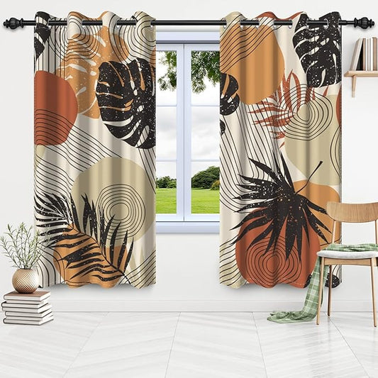 Mid Century Blackout Window Curtains Boho Palm Leaves Modern Abstract Art Window Drapes Boho Kitchen Curtains Window Treatment Sets Living Bedroom Dining Room Home Decor,26x24 inch,2 Panels