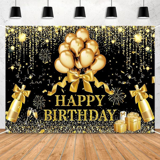 Black Gold Happy Birthday Backdrop for Adults, 7x5ft Luxury Birthday Party Decorations Banner, Balloons Glitter Theme Sign Photo Booth Background for Men Women Celebration