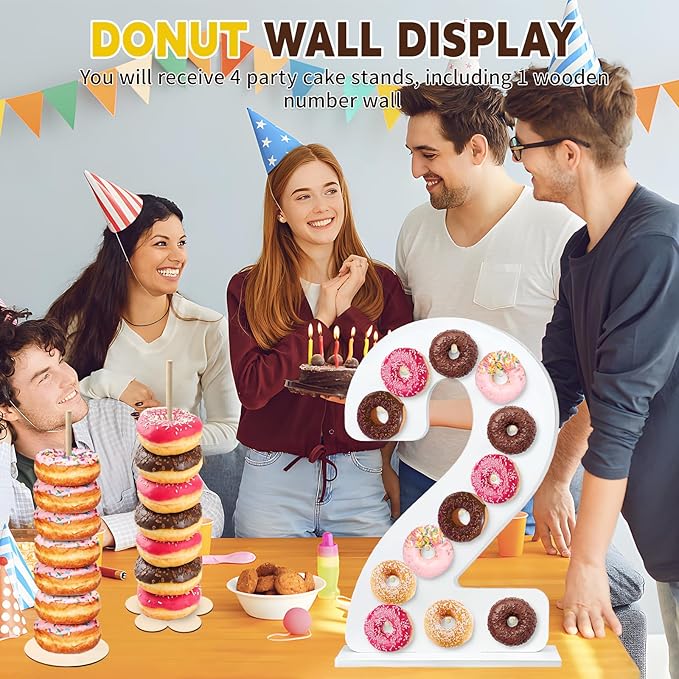 5 Pcs Donut Stand Set, Doughnut Party Supplies Include 1 Pc Digit Donut Wall Display Stand, 4 Pcs Doughnut Wall, for Birthday Wedding Baby Shower Party (White number 2)