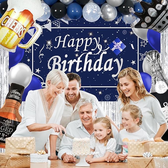 Blue Happy Birthday Decorations for Men Boys, 89PCS Blue Black Birthday Decorations Kit with Backdrop Banner Foil Balloons Fringe Curtains for 18th 21st 25th 30th 35th 40th 50th 60th Party Supplies