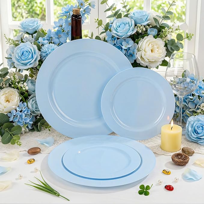 FLOWERCAT 60PCS Light Blue Heavy Duty Plastic Disposable Party Plates Set – 30pcs 10.25″ Dinner & 30pcs 7.5″ Dessert Plates – Durable Blue Tableware for Easter Parties, Wedding, BBQ & Baby Shower