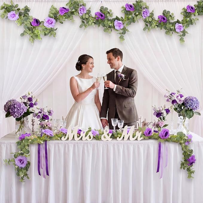 Canlierr 2pcs Large White Mr & Mrs Sign for Wedding Table with 5.91ft Artificial Flowers Garland, Wedding Centerpieces Wooden Bride and Groom Table Decorations for Engagement Decor (Purple)