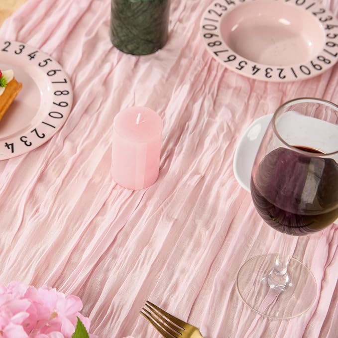 Blush Pink Spring Table Runner Boho Cheesecloth Table Runner 120 inches Crinkled Gauze Sheer Mother's Day Table Centerpieces for Wedding Ceremony Anniversary Bridal Baby Shower Banquet
