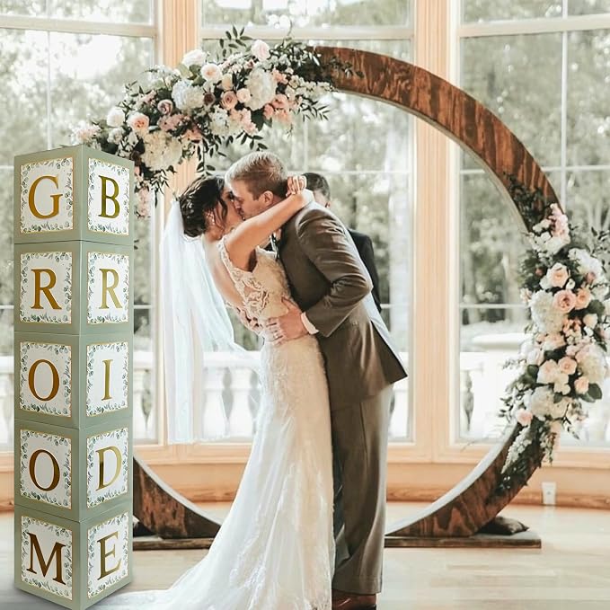 101 PC Greenery Bridal Shower Decorations Balloon Boxes Gold- Blocks with BRIDE TO BE + GROOM + A - Z Letters and 40 Balloons- Engagement Bachelorette Parties Weddings Centerpieces Photo Booth Props