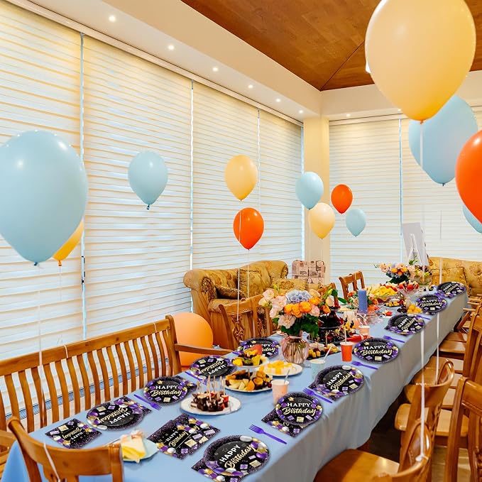 gisgfim 50 Guests Purple Birthday Party Supplies Purple and Black Plates and Napkins Forks Happy Birthday Tableware Paper Plates for Women Girl Party 200PCS