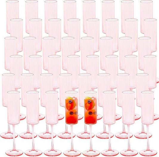 JLYLOL 48 Pcs Pink Plastic Champagne Flutes 6OZ Large Ribbed Champagne Glasses Toasting Glass Plastic Goblets for Parties Vintage Mimosa Bar Glasses Elegant Stemmed Drinking Cups for Wedding Bride