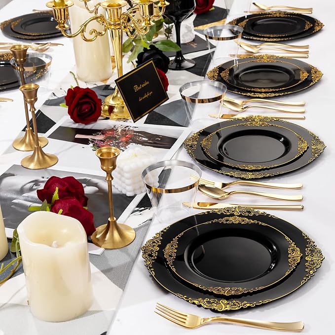 Nervure 600PCS Gold Plastic Dinnerware - Black and Gold Disposable Plates for 100 Guests - 200 Disposable Plates, 300 Plastic Silverware, 100 Cups for Wedding & Party