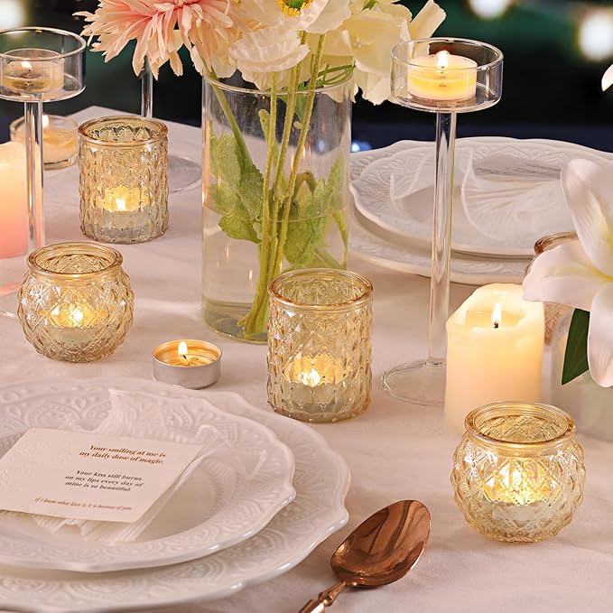 DARJEN 12Pcs Gold Votive Candle Holders - Glass Candle Holder for Table Centerpiece, Tea Light Candle Holders Glass for Wedding Shower, Home & Tea Party Decor