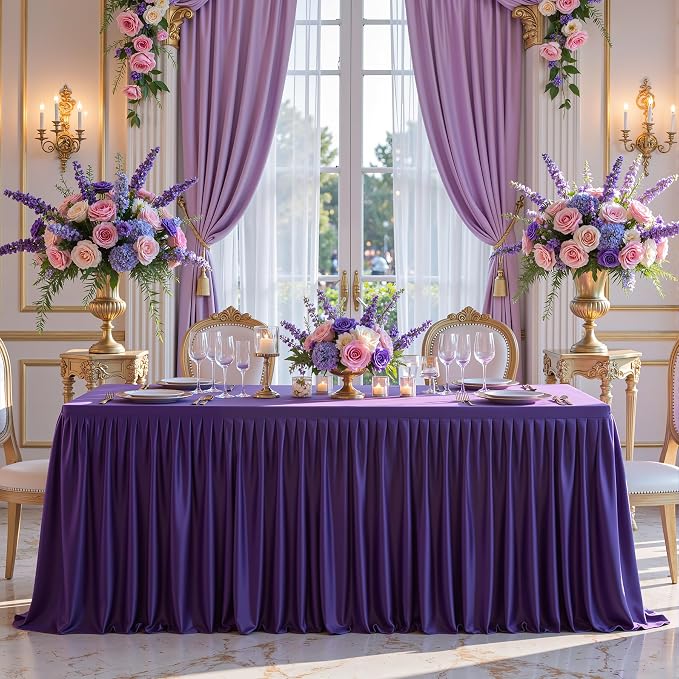 Wish Care 2 Pack Purple Rectangle Table Clothes for 8 Foot Tables, Polyester Fitted Tablecloths 8ft Stretch Table Cover for Wedding, Birthday, Parties, Trade Show, Craft Show