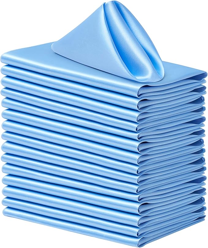 24 Pack Square Satin Dinner Napkins, 17x17 Inches Silky Soft Smooth Table Cloth Napkins for Restaurant Weddings Banquet Party Decoration, Light Blue