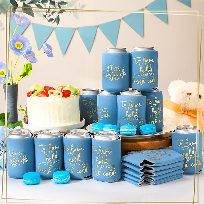 Qinyoung 50 Pieces Haze Blue Wedding Can Cooler Bulk Engagement Party Favors for Guests Cheers to Love and Happily Ever After Rehearsal Dinner Decorations for Wedding Bridal