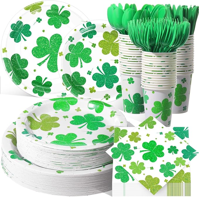 Pickmesh 400 Pcs St. Patrick's Day Party Plates and Napkin Decoration Lucky Shamrock Paper Tableware Cups Knives for Wedding Green Shamrock Themed Irish Festival Party Supplies Serve 50